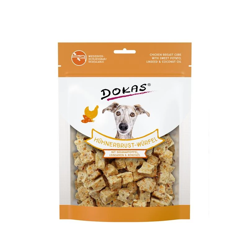 Dokas Hühnerbrust-Würfel,Süsskart.,Leinsamen | 8x 150g Hundesnack 3 Dokas Hühnerbrust-Würfel,Süsskart.,Leinsamen | 8x 150g Hundesnack